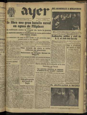 'Ayer : diario informativo de la mañana' - Año IX Número 2579 - 1944 octubre 26