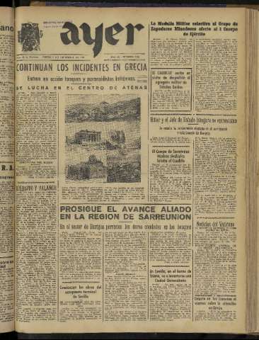 'Ayer : diario informativo de la mañana' - Año IX Número 2615 - 1944 diciembre 7