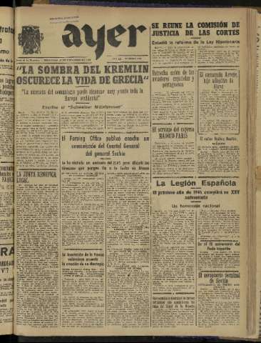 'Ayer : diario informativo de la mañana' - Año IX Número 2620 - 1944 diciembre 13
