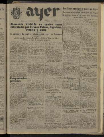 'Ayer : diario informativo de la mañana' - Año X Número 2770 - 1945 junio 6