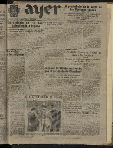 'Ayer : diario informativo de la mañana' - Año X Número 2787 - 1945 junio 26