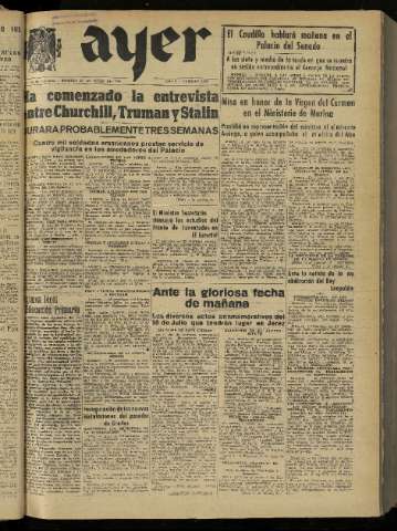 'Ayer : diario informativo de la mañana' - Año X Número 2805 - 1945 julio 17