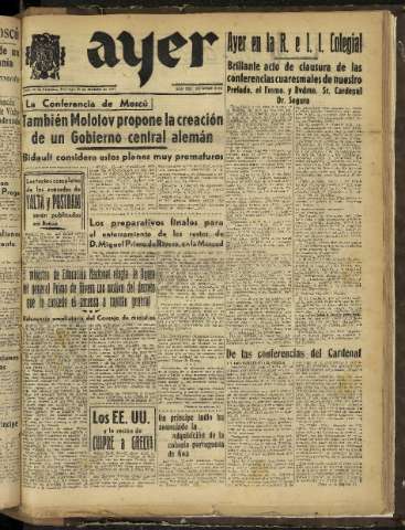 'Ayer : diario informativo de la mañana' - Año XII Número 3329 - 1947 marzo 23