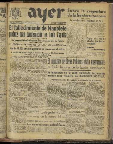 'Ayer : diario informativo de la mañana' - Año XII Número 3465 - 1947 agosto 30
