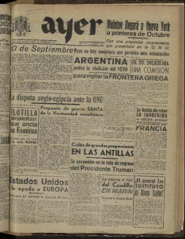'Ayer : diario informativo de la mañana' - Año XII Número 3477 - 1947 septiembre 13