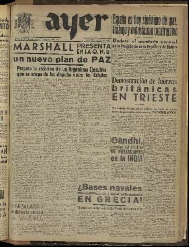 'Ayer : diario informativo de la mañana' - Año XII Número 3481 - 1947 septiembre 18