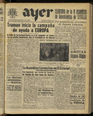 'Ayer : diario informativo de la mañana' - Año XII Número 3497 - 1947 octubre 7