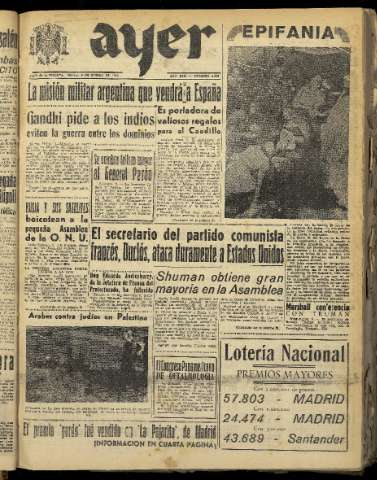 'Ayer : diario informativo de la mañana' - Año XIII Número 3574 - 1948 enero 6