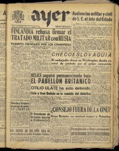 'Ayer : diario informativo de la mañana' - Año XIII Número 3624 - 1948 marzo 4