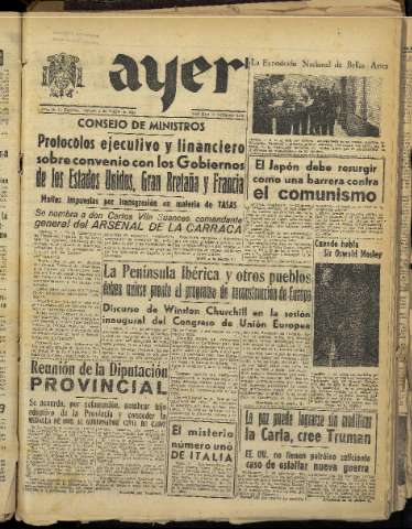 'Ayer : diario informativo de la mañana' - Año XIII Número 3679 - 1948 mayo 8