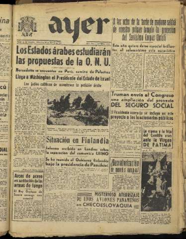 'Ayer : diario informativo de la mañana' - Año XIII Número 3694 - 1948 mayo 26