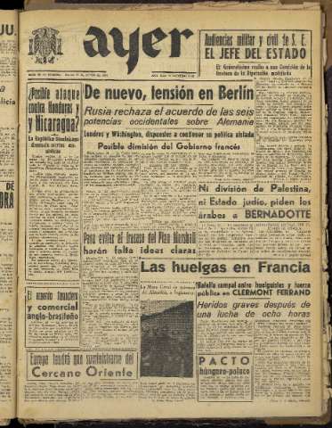 'Ayer : diario informativo de la mañana' - Año XIII Número 3713 - 1948 junio 17