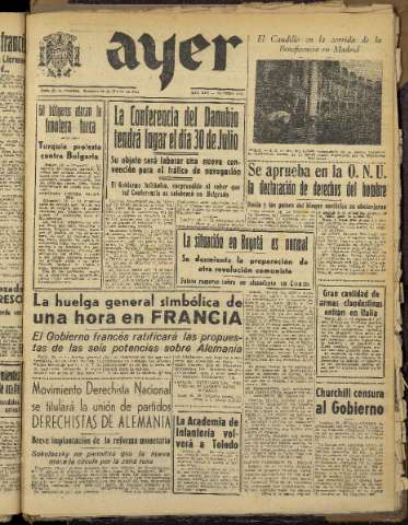 'Ayer : diario informativo de la mañana' - Año XIII Número 3716 - 1948 junio 20