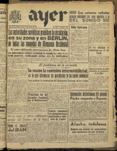 'Ayer : diario informativo de la mañana' - Año XIII Número 3717 - 1948 junio 22