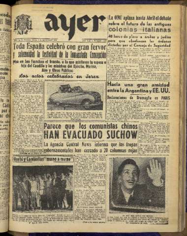 'Ayer : diario informativo de la mañana' - Año XIII Número 3863 - 1948 diciembre 9