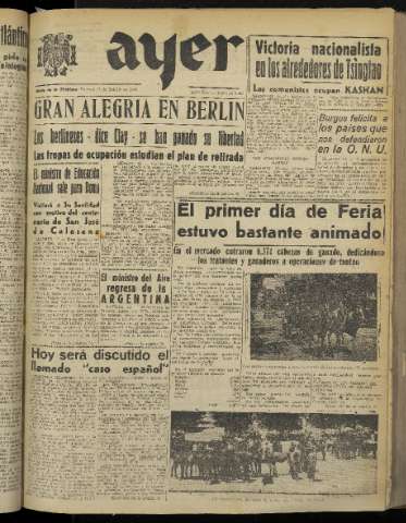 'Ayer : diario informativo de la mañana' - Año XIV Número 3994 - 1949 mayo 13