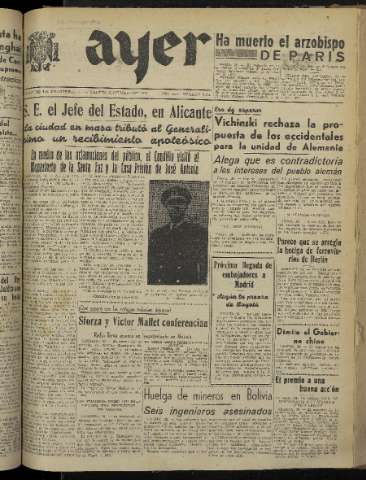 'Ayer : diario informativo de la mañana' - Año XIV Número 4009 - 1949 mayo 31