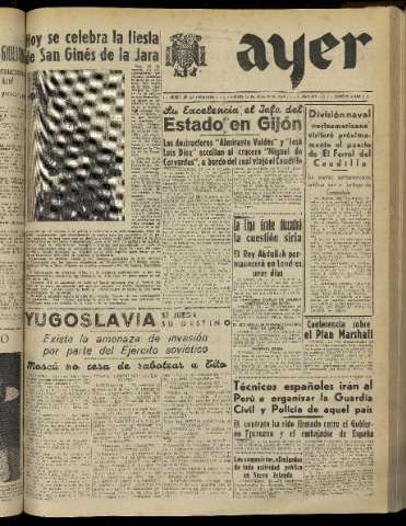'Ayer : diario informativo de la mañana' - Año XIV Número 4083 - 1949 agosto 25