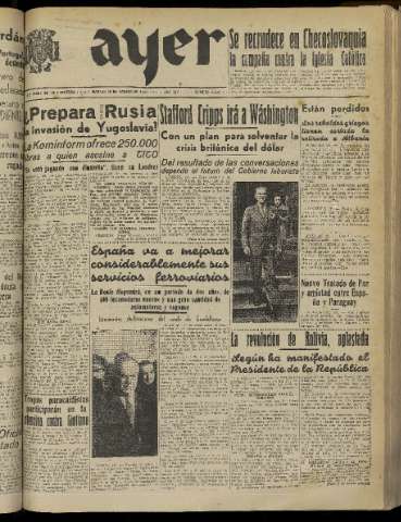 'Ayer : diario informativo de la mañana' - Año XIV Número 4087 - 1949 agosto 30