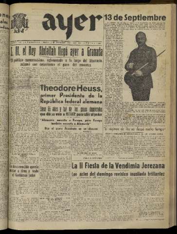 'Ayer : diario informativo de la mañana' - Año XIV Número 4099 - 1949 septiembre 13