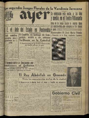 'Ayer : diario informativo de la mañana' - Año XIV Número 4100 - 1949 septiembre 14