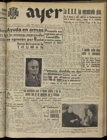 'Ayer : diario informativo de la mañana' - Año XIV Número 4120 - 1949 octubre 7