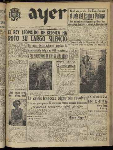 'Ayer : diario informativo de la mañana' - Año XIV Número 4130 - 1949 octubre 19