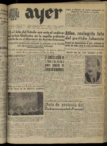 'Ayer : diario informativo de la mañana' - Año XV Número 4245 - 1950 marzo 2
