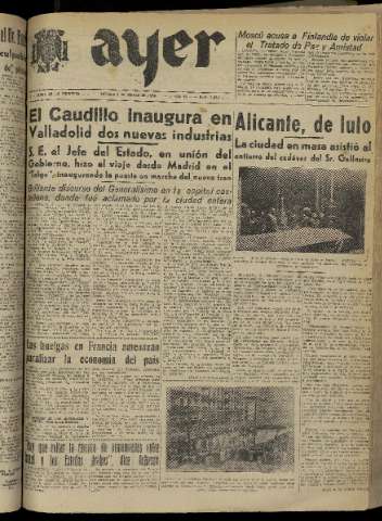 'Ayer : diario informativo de la mañana' - Año XV Número 4246 - 1950 marzo 3