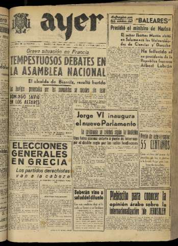 'Ayer : diario informativo de la mañana' - Año XV Número 4249 - 1950 marzo 7