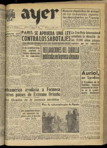 'Ayer : diario informativo de la mañana' - Año XV Número 4251 - 1950 marzo 9