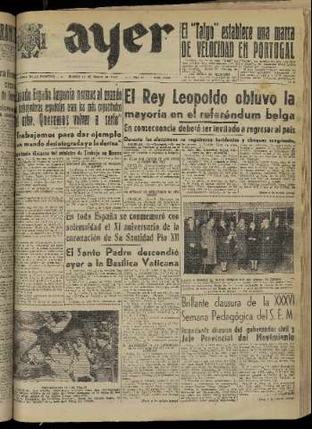 'Ayer : diario informativo de la mañana' - Año XV Número 4255 - 1950 marzo 14