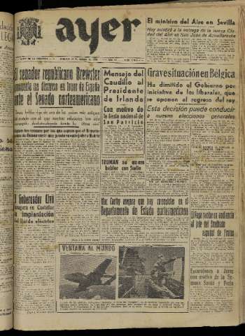 'Ayer : diario informativo de la mañana' - Año XV Número 4260 - 1950 marzo 19