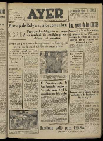 'Ayer : diario informativo de la mañana' - Año XVI Número 4669 - 1951 julio 14