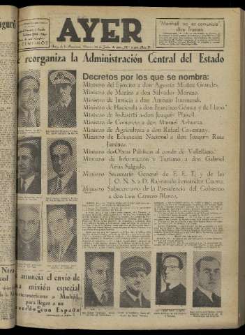 'Ayer : diario informativo de la mañana' - Año XVI Número 4674 - 1951 julio 20