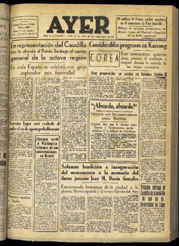 'Ayer : diario informativo de la mañana' - Año XVI Número 4679 - 1951 julio 26