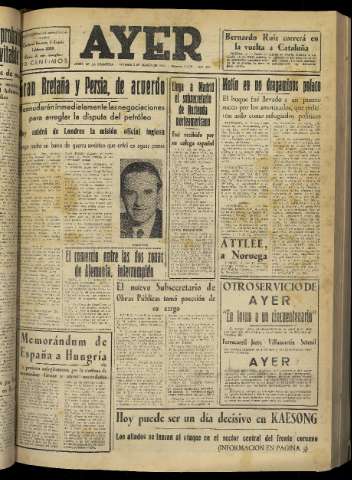 'Ayer : diario informativo de la mañana' - Año XVI Número 4686 - 1951 agosto 3