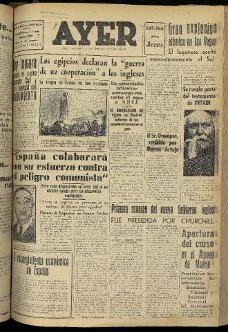 'Ayer : diario informativo de la mañana' - Año XVI Número 4762 - 1951 octubre 31