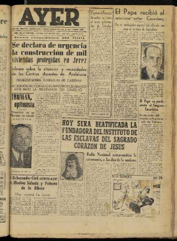'Ayer : diario informativo de la mañana' - Año XVII Número 4932 - 1952 mayo 18