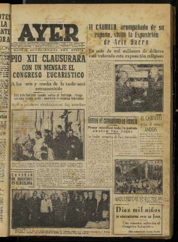 'Ayer : diario informativo de la mañana' - Año XVII Número 4944 - 1952 junio 1