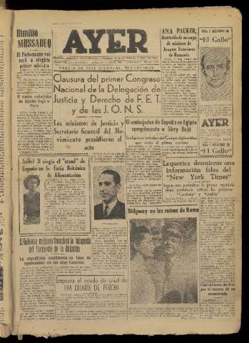 'Ayer : diario informativo de la mañana' - Año XVII Número 4974 - 1952 julio 6