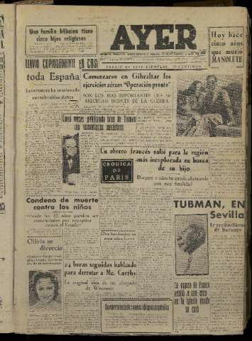 'Ayer : diario informativo de la mañana' - Año XVII Número 5020 - 1952 agosto 29