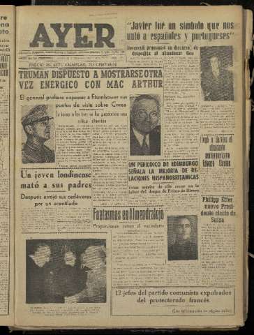'Ayer : diario informativo de la mañana' - Año XVII Número 5110 - 1952 diciembre 12