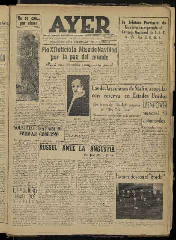 'Ayer : diario informativo de la mañana' - Año XVII Número 5122 - 1952 diciembre 27