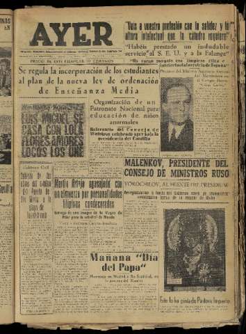 'Ayer : diario informativo de la mañana' - Año XVIII Número 5182 - 1953 marzo 7