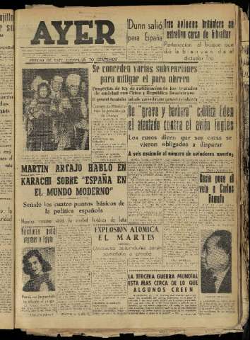 'Ayer : diario informativo de la mañana' - Año XVIII Número 5188 - 1953 marzo 14