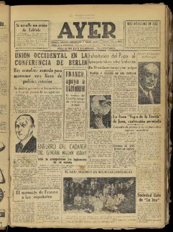 'Ayer : diario informativo de la mañana' - Año XIX Número 5439 - 1954 enero 3