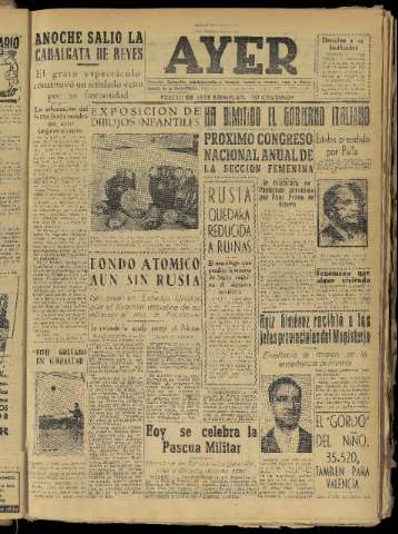 'Ayer : diario informativo de la mañana' - Año XIX Número 5441 - 1954 enero 6