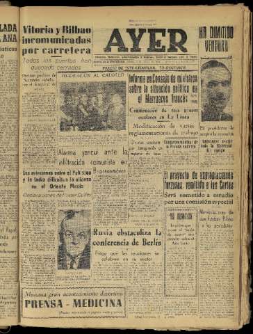 'Ayer : diario informativo de la mañana' - Año XIX Número 5444 - 1954 enero 9