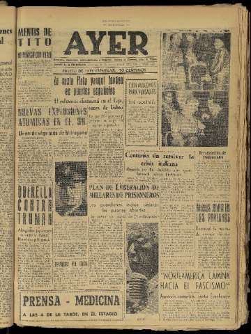 'Ayer : diario informativo de la mañana' - Año XIX Número 5445 - 1954 enero 10